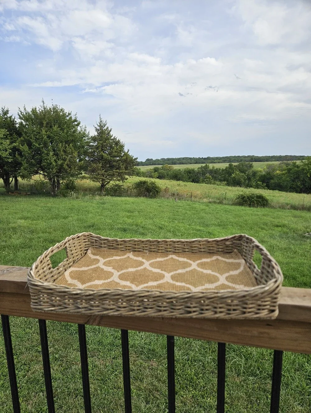 Boho Woven Rattan Serving Tray with a yellow quatrefoil pattern liner and cutout